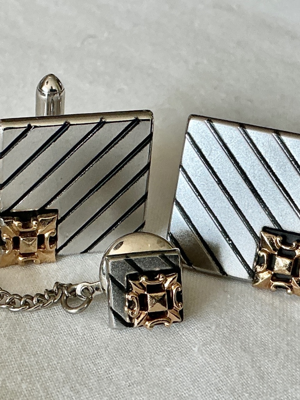 Vintage Swank Cufflinks and Tie Tack Set Diagonal Stripe Gold & Silver Tone
